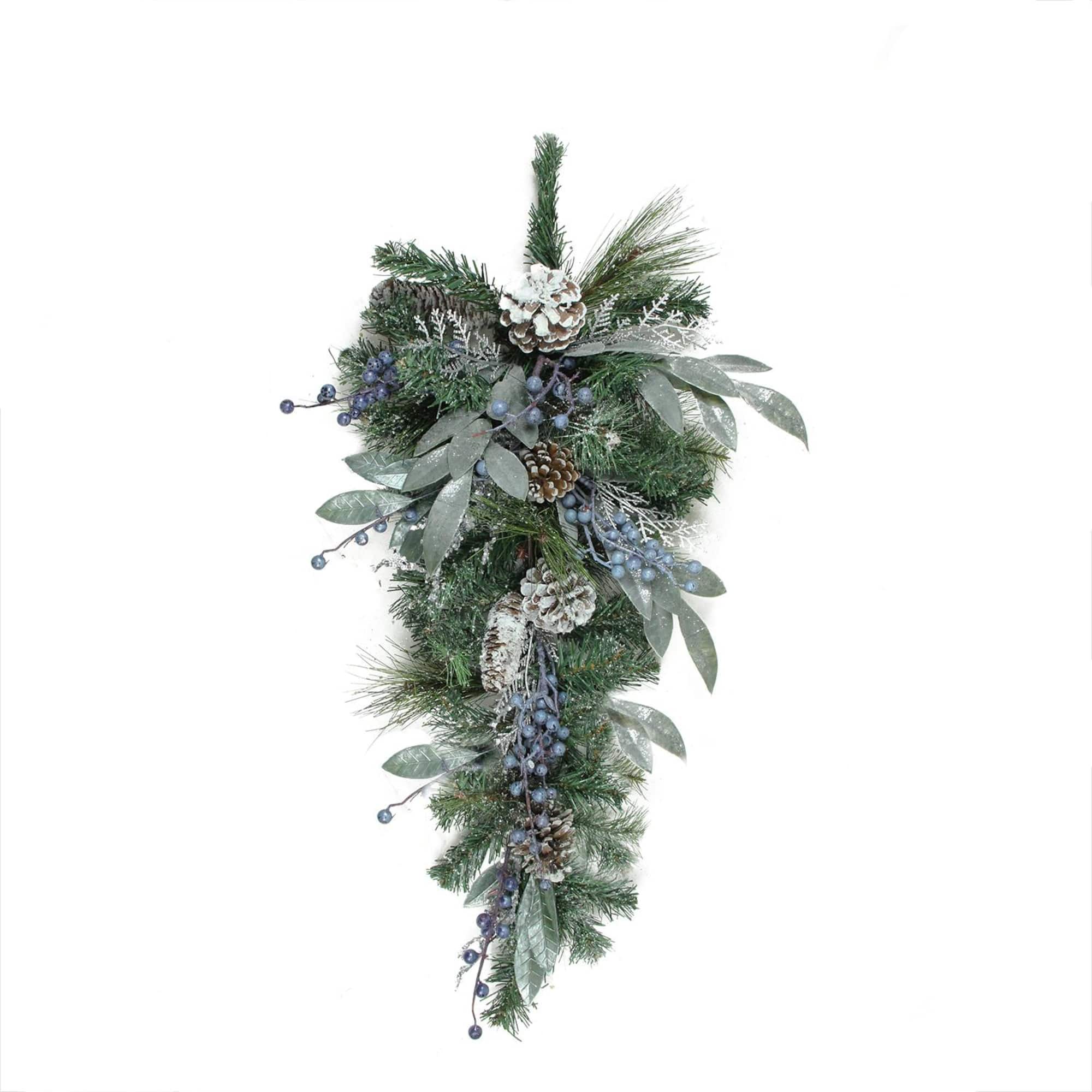 28" Unlit Mixed Pine, Blueberries & Snowy Pine Cones Teardrop Swag